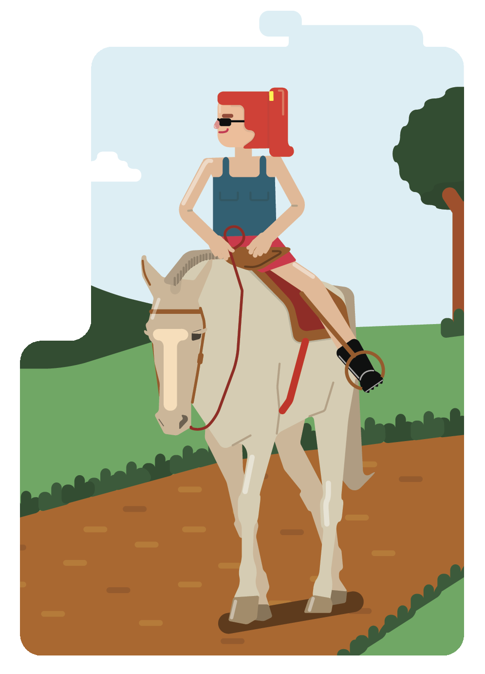 Ilustração. Uma mulher de cabelos presos e óculos escuros montada em um cavalo, passando por uma via de terra. Ao fundo há uma árvore.