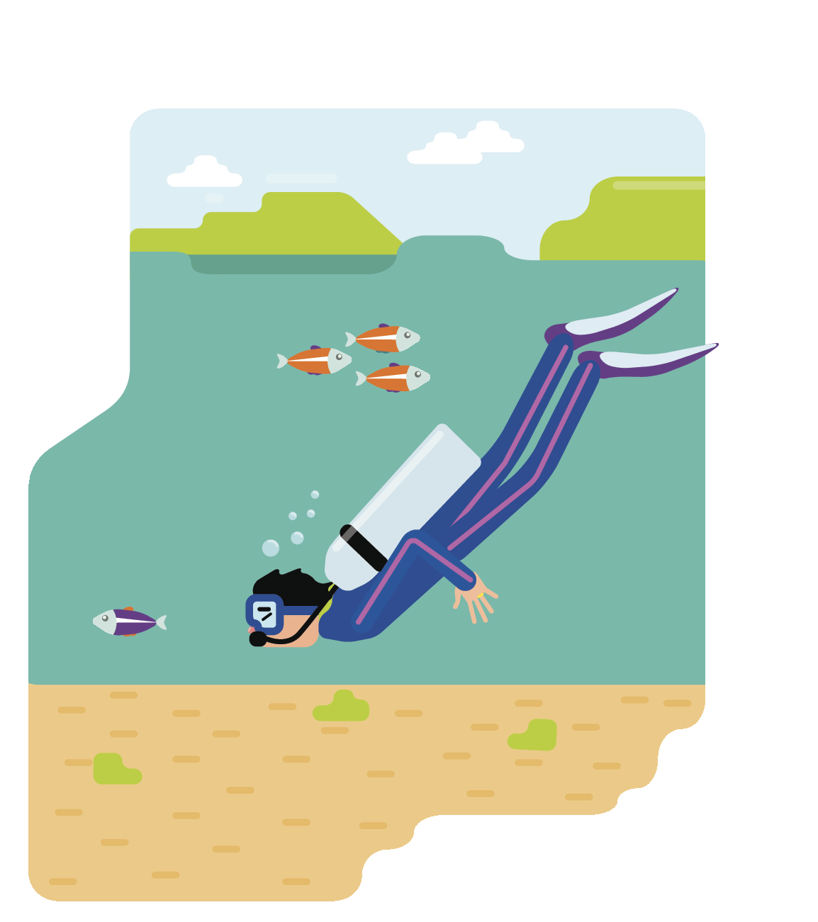 Ilustração. Um homem com roupa de mergulho submerso no mar, nadando com os peixes. Ele usa máscara e carrega um cilindro de oxigênio.
