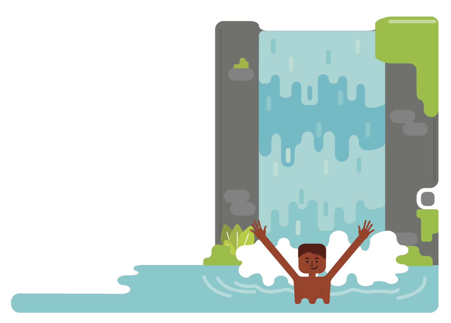Ilustração. Um homem nadando em frente a uma cachoeira. Ele está sem camisa e com as mãos erguidas.