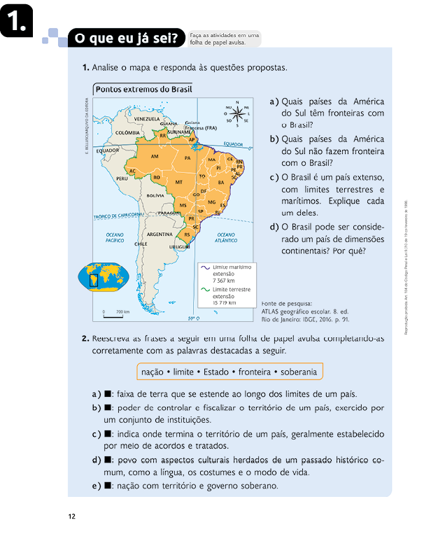 Página de referência 1 da seção O que eu já sei? com questões e mapa.