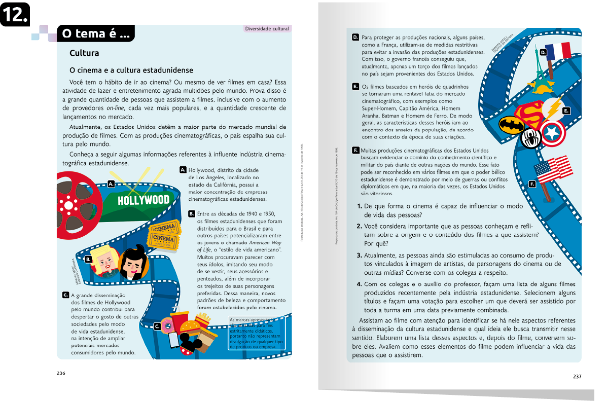 Página de referência 12 da seção O tema é... com texto, imagens e questões.