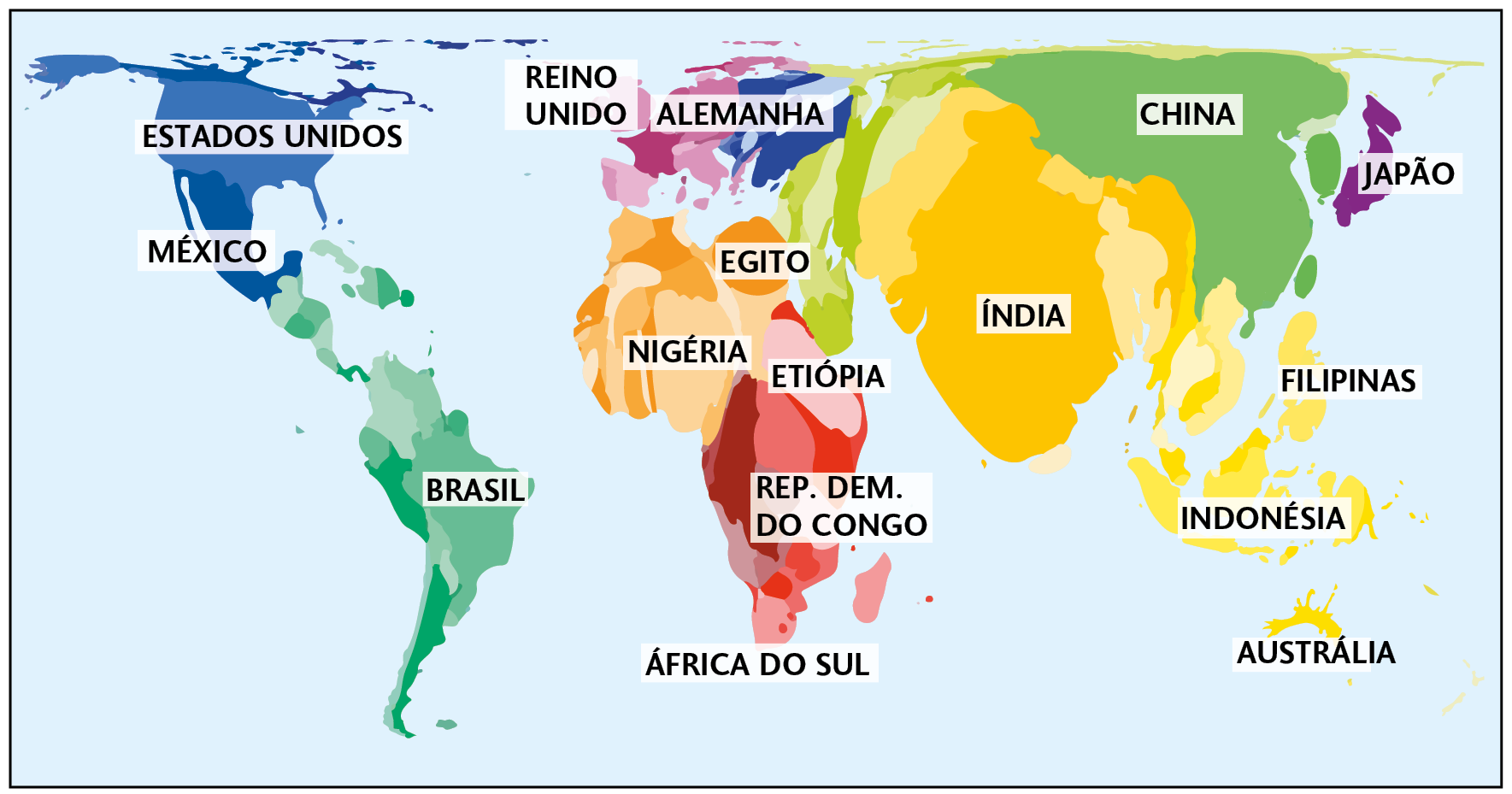 Mapa anamorfose. Distribuição da população mundial (2019). Mapa com os continentes e países em formatos distorcidos. Estados Unidos está menor, México está maior, Brasil está menor; Reino Unido e Alemanha estão maiores, Egito, Nigéria, Etiópia e República Democrática do Congo estão maiores, África do Sul está menor; Índia e China estão muito maiores; Japão, Filipinas e Indonésia estão maiores e Austrália está bem menor.