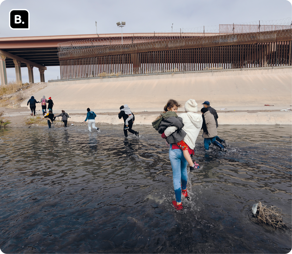 Fotografia B. Pessoas correndo na margem de um rio. Ao fundo, muro, grades e uma construção com colunas.