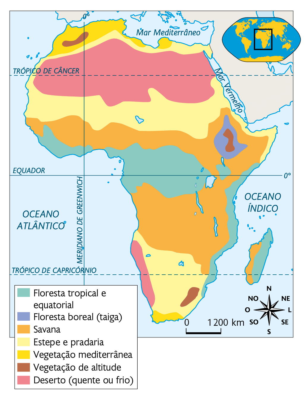 Mapa. Vegetação original da África. Floresta tropical e equatorial: porção oeste e costa no leste e leste de Madagascar. Floresta boreal (taiga): área no nordeste. Savana: centro-sul e nordeste e oeste de Madagascar. Estepe e pradaria: faixas no norte e nordeste. Vegetação mediterrânea: costa no extremo norte e sul. Vegetação de altitude: área no norte, nordeste e sudeste. Deserto (quente ou frio): porção norte e costa no sudoeste. No canto superior direito, mapa de localização, planisfério destacando a região descrita. No canto inferior direito, rosa dos ventos e a escala: 1200 quilômetros por centímetro.