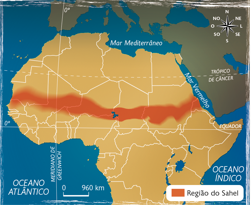 Mapa. Região do Sahel. 
Faixa horizontal cruzando os países da porção norte do continente africano. No canto superior direito, a escala. E na parte inferior, à esquerda, a escala: 960 quilômetros por centímetro.