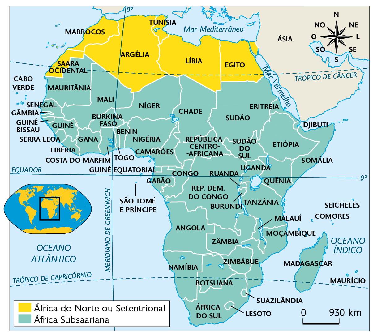 Mapa. Regionalização étnico-cultural africana. África do Norte ou Setentrional: Saara Ocidental, Marrocos, Argélia, Tunísia, Líbia e Egito. África Subsaariana: Cabo Verde, Senegal, Gâmbia, Guiné Bissau, Serra Leoa, Libéria, Mali, Burkina Faso, Guiné, Ganas, Costa do Marfim, Togo, Níger, Benin, Nigéria, Camarões, Chade, Sudão, Eritreia, Sudão do Sul, Etiópia, Djibuti, Guiné Equatorial, São Tomé e Príncipe, Gabão, Congo, República Centro-Africana, Somália, Quênia, Uganda, Ruanda, República Democrática do Congo, Burundi, Angola, Zâmbia, Malauí, Moçambique, Zimbábue, Namíbia, Botsuana, Suazilândia, Lesoto, África do Sul, Madagascar, Seicheles e Comores. À esquerda, mapa de localização, planisfério destacando a região descrita. No canto superior direito, a rosa dos ventos, e na parte inferior, a escala: 930 quilômetros por centímetro.