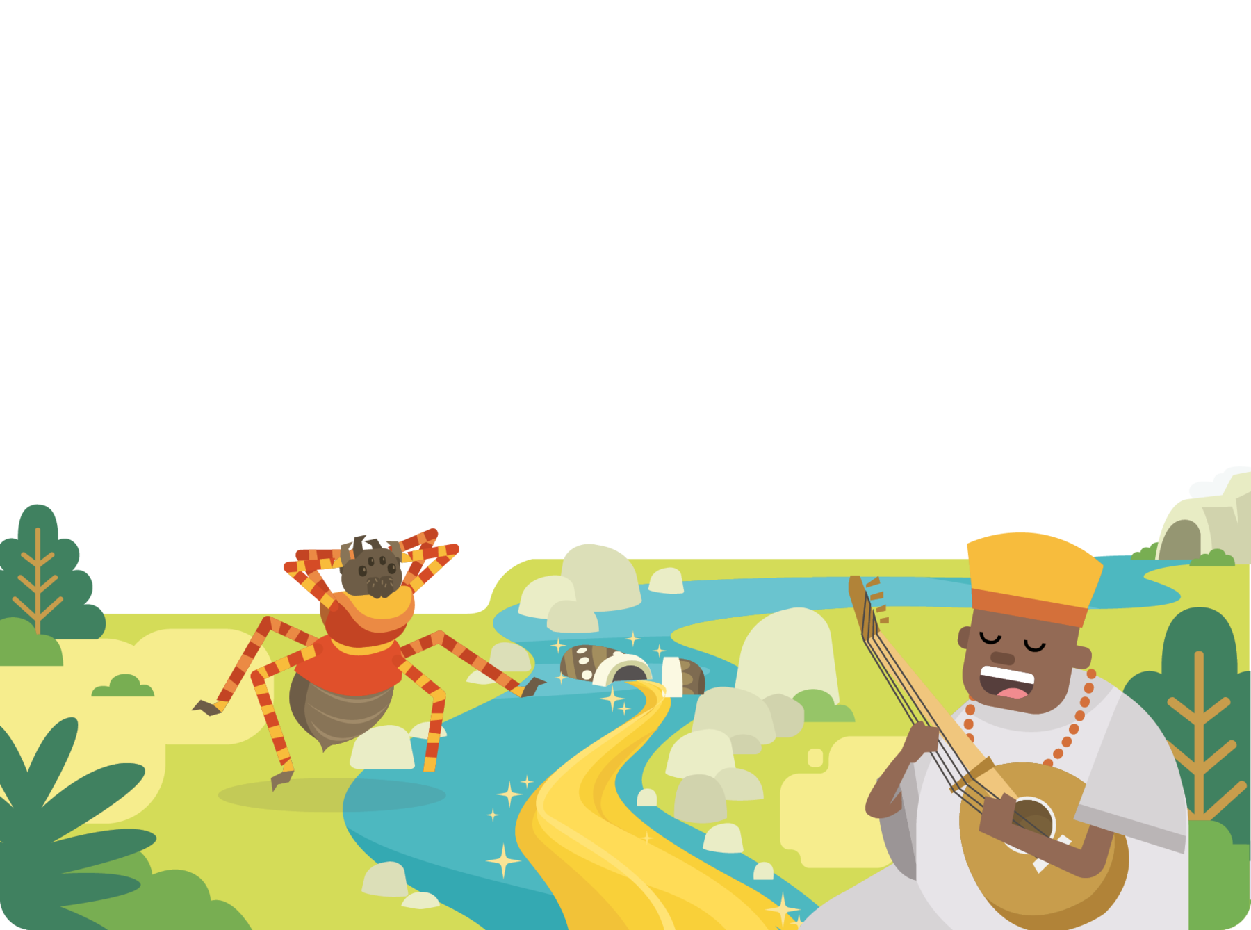 Ilustração. Um homem na margem de um rio, tocando violão. Ele usa túnica, colar e chapéu. No rio há um recipiente vazando conteúdo dourado. Na outra margem do rio há uma grande aranha. Ao redor há árvores.