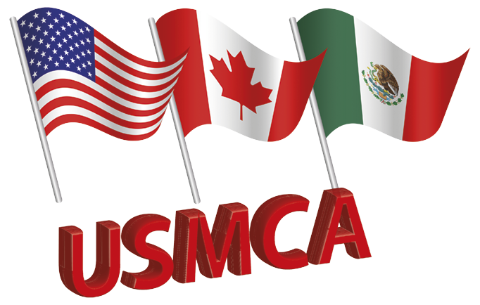 Ilustração. Bandeiras dos Estados Unidos, Canadá e México, sobre a inscrição: U S M C A.