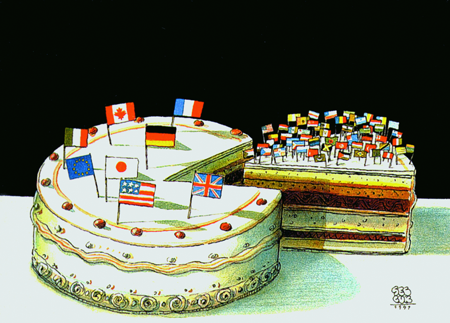 Charge. Um bolo confeitado com as bandeiras do Canadá, França, Reino Unido, União Europeia, Estados Unidos, Japão, Itália e Alemanha. Há uma fatia do bolo cortada ao lado, com as bandeiras dos demais países amontoadas sobre ela.
