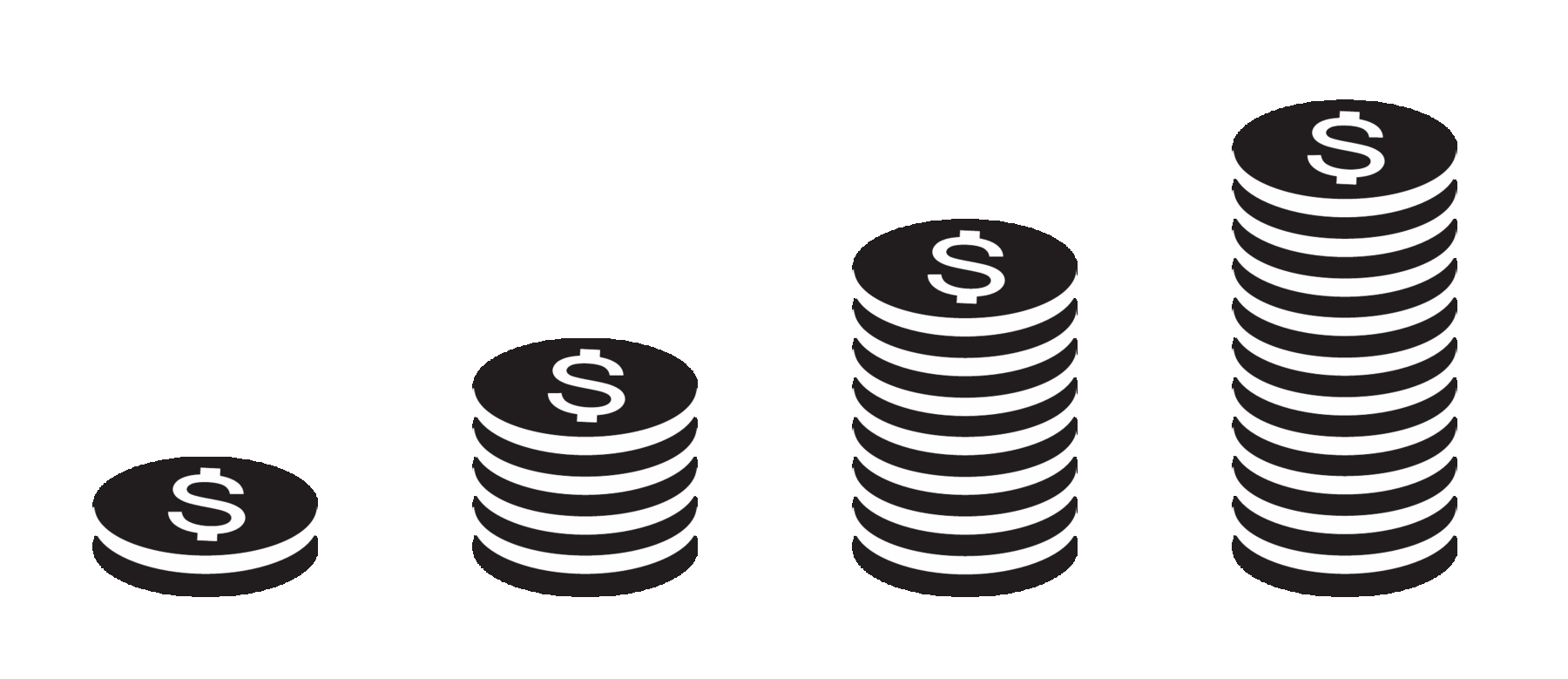 Ilustração em preto e branco. Três pilhas de moedas posicionadas da menor para maior.