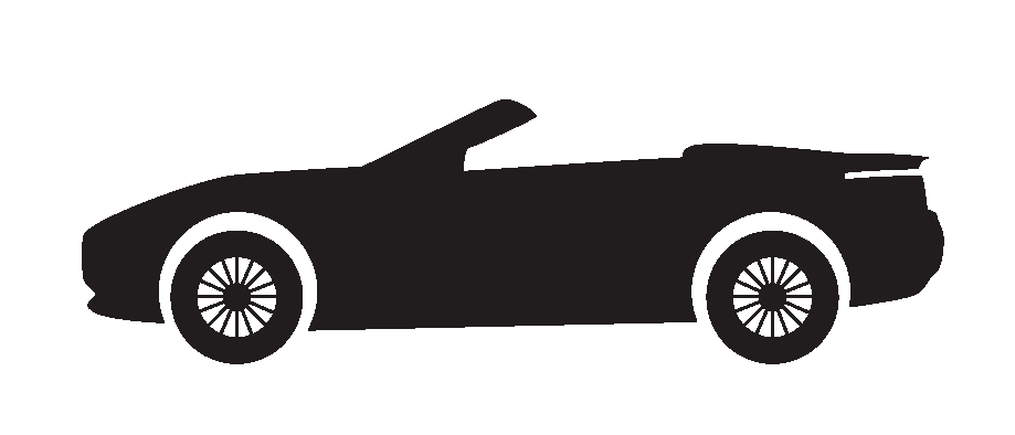 Ilustração em preto e branco. Um carro conversível com a capota abaixada.