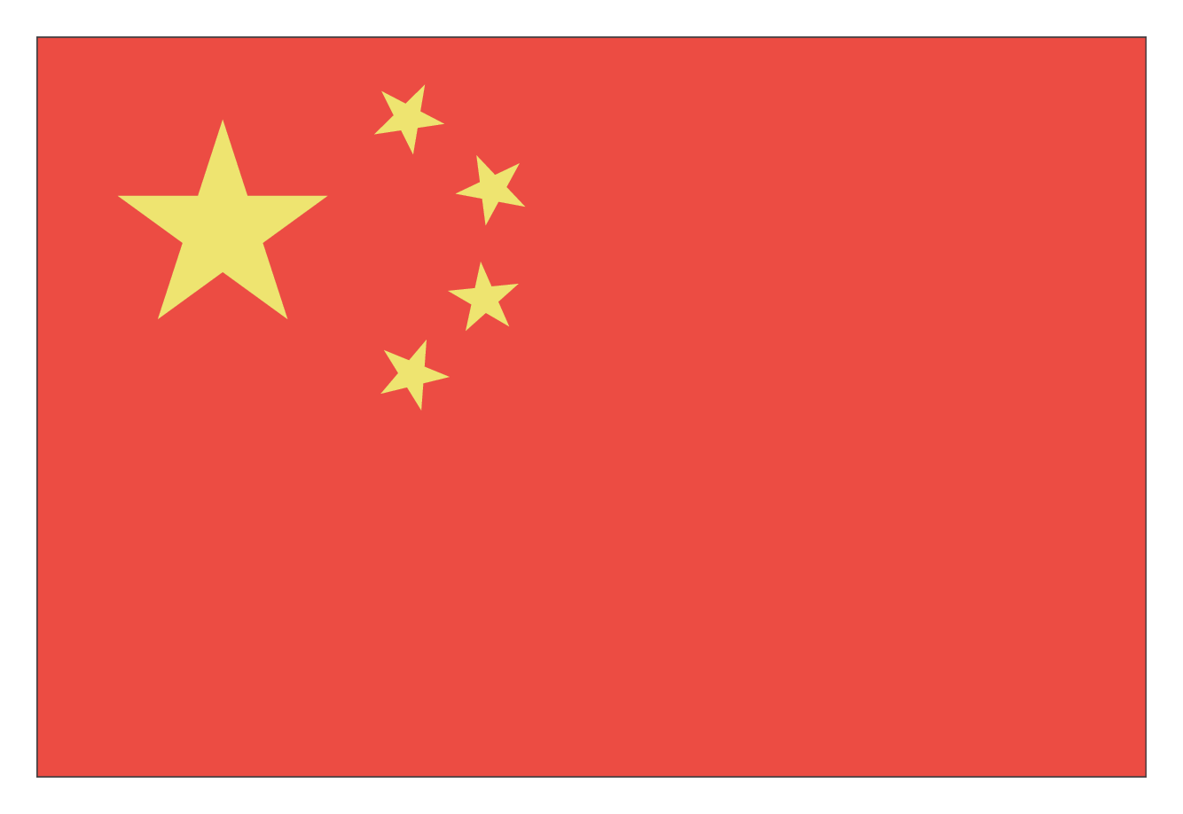 Bandeira da China, composta por um retângulo vermelho com cinco estrelas amarelas no canto superior esquerdo.