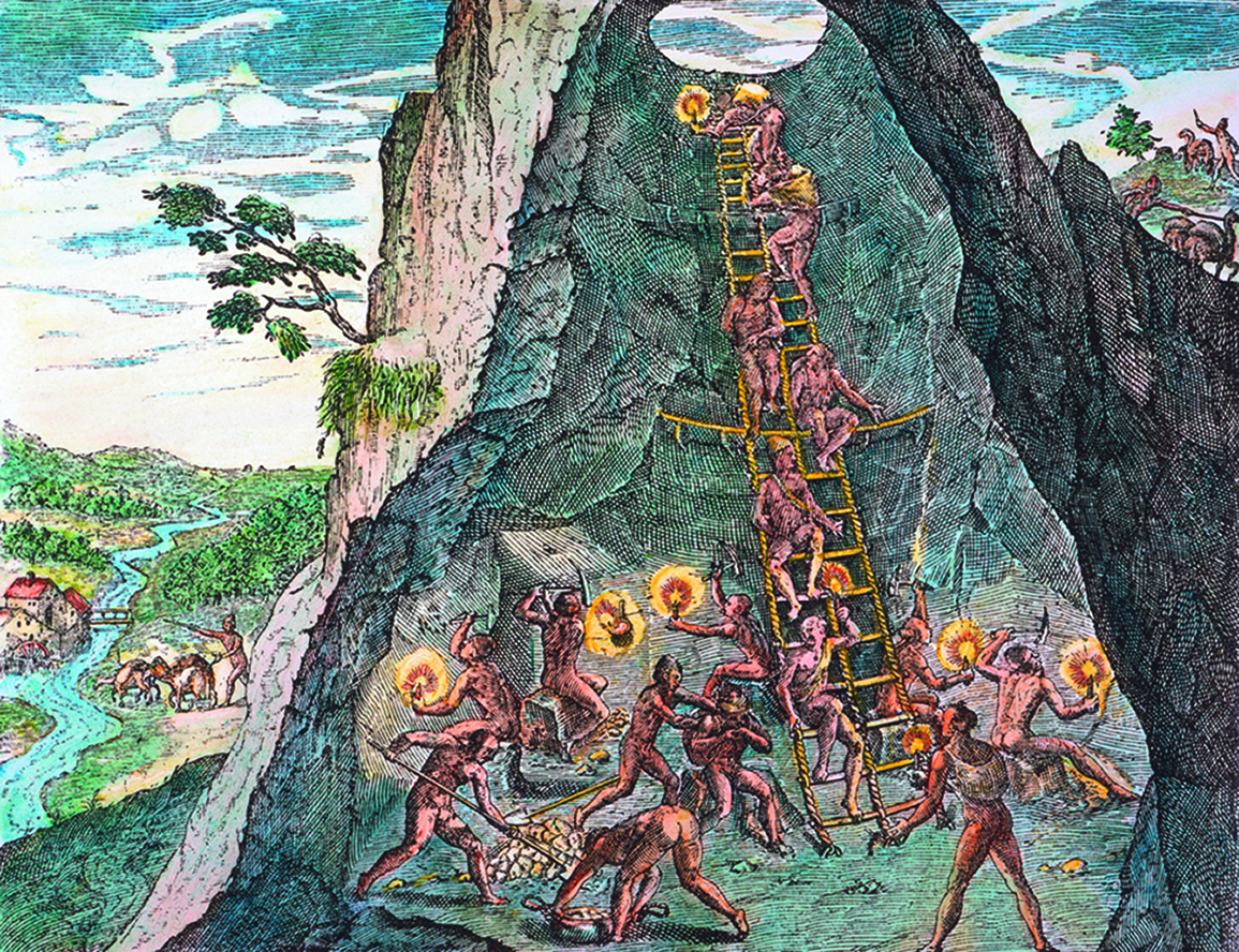 Gravura. Homens no interior de uma montanha. Há pessoas subindo e descendo uma escada que vai do topo da montanha até o seu interior. Eles carregam tochas acesas e parecem recolher pedras. Do lado de fora há o curso de um rio, casas e uma pessoa conduzindo animais.
