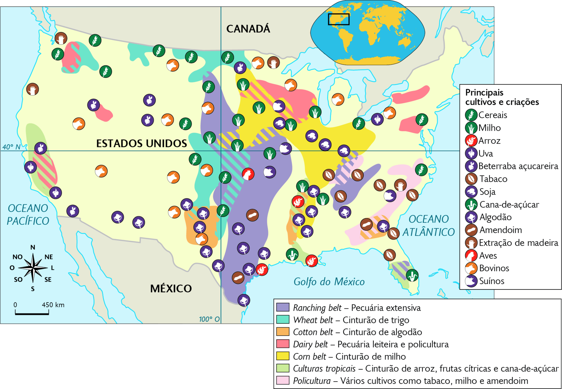 Mapa. Agropecuária dos Estados Unidos (2020). Principais cultivos e criações: Cereais, milho, arroz, uva, beterraba açucareira, tabaco, soja, cana-de-açúcar, algodão, amendoim, extração de madeira, aves, bovinos e suínos, encontrados dispersos por todo o território. Ranching belt – Pecuária extensiva: norte, centro, sul e área no sudeste. Wheat belt – Cinturão de trigo: áreas no norte e no centro. Cotton belt – Cinturão de algodão: áreas no sul e no sudeste. Dairy belt – Pecuária leiteira e policultura: áreas no noroeste, norte e nordeste. Corn belt – Cinturão de milho: área no norte na porção leste e área central. Culturas tropicais – Cinturão de arroz, frutas cítricas e cana-de-açúcar: áreas sudoeste, sul e sudeste. Policultura – Vários cultivos como tabaco, milho e amendoim: áreas no sudeste. Na parte superior, mapa de localização, planisfério destacando a região descrita. No canto inferior esquerdo, a rosa dos ventos e a escala: 450 quilômetros por centímetro.