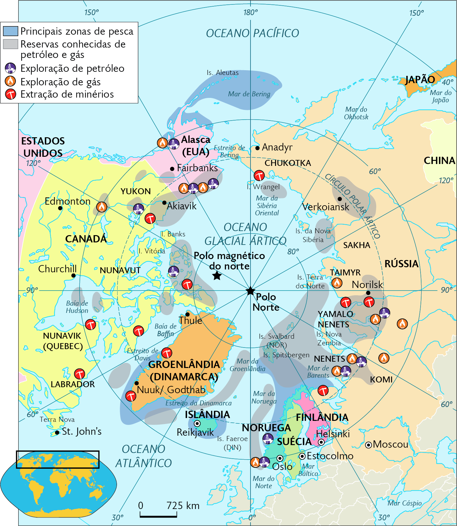 Mapa. Exploração de recursos naturais no Ártico (2019). Mapa em projeção polar. Principais zonas de pesca: áreas superior e inferior. Reservas conhecidas de petróleo e gás: diversas regiões irregulares ao redor do Polo Norte, ao centro. Exploração de petróleo: Alasca (Estados Unidos), Canadá, Noruega, e Rússia. Exploração de gás: Alasca (Estados Unidos), Canadá, Noruega, e Rússia. Extração de minérios: Canadá, Groenlândia (Dinamarca) e Rússia. No canto inferior esquerdo, mapa de localização, planisfério destacando a região descrita, ao lado, a escala: 725 quilômetros por centímetro.