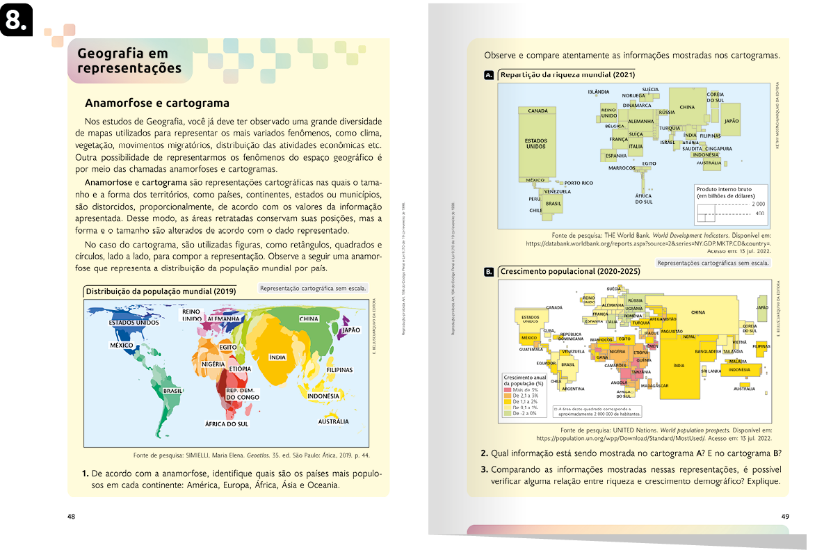 Página de referência 8 da seção Geografia em representações com mapas, texto e questões.