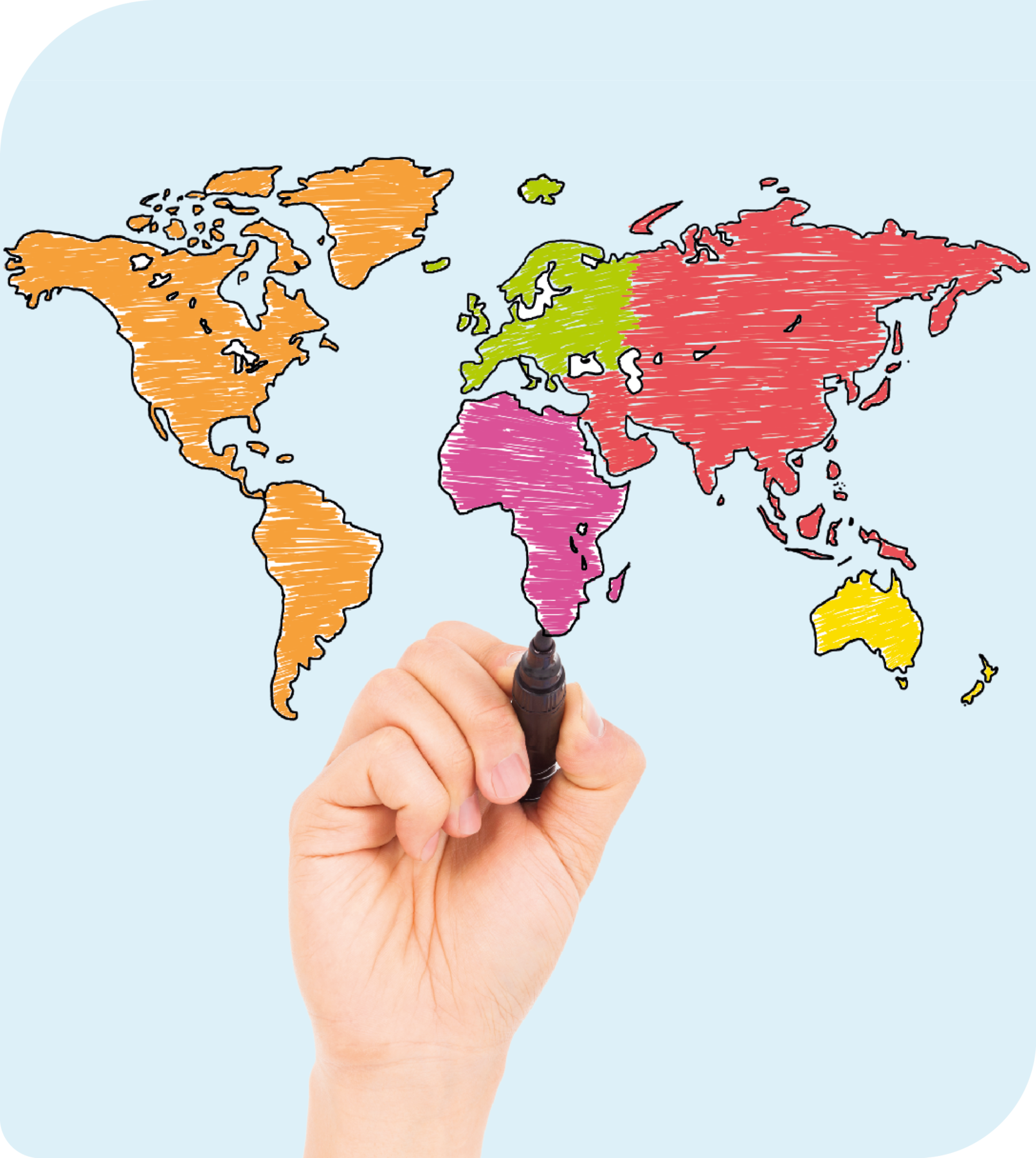 Fotografia. Destaque para uma pessoa desenhando o planisfério com todos os continentes pintados em cores diferentes.