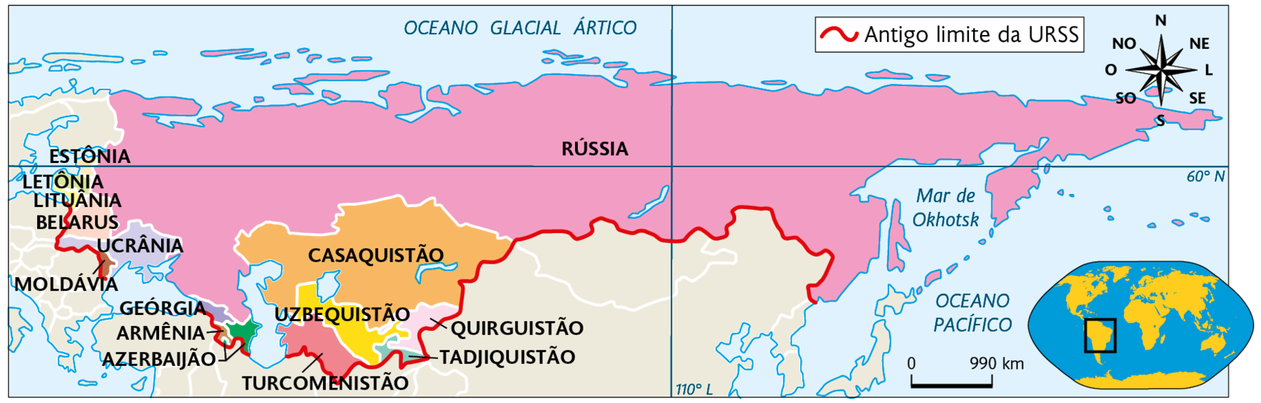 Mapa. Países que formavam a U R S S (1991). Antigo limite da U R S S: Abrangendo os países: Estônia, Letônia, Lituânia, Belarus, Ucrânia, Moldávia, Geórgia, Armênia, Azerbaijão, Turcomenistão, Tadjiquistão, Quirguistão, Uzbequistão, Casaquistão e Rússia. No canto inferior direito, mapa de localização, planisfério destacando a região descrita. No canto superior, a rosa dos ventos e na parte inferior, a escala: 990 quilômetros por centímetro.