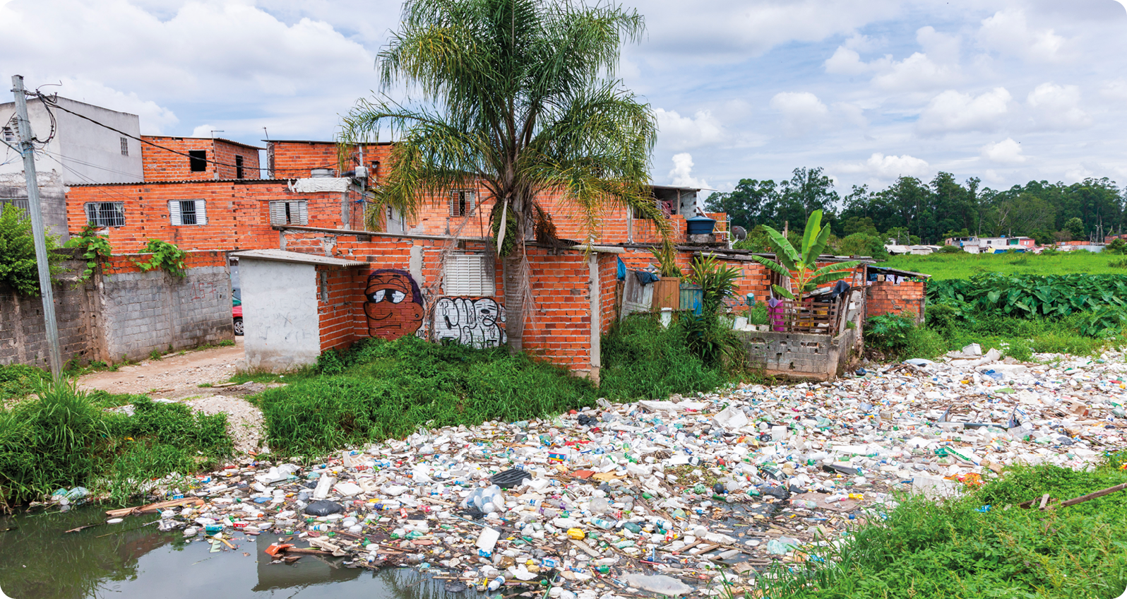 Fotografia. Curso de um rio repleto de lixo. Na margem, vegetação rasteira e casas simples com tijolos aparentes e uma palmeira.