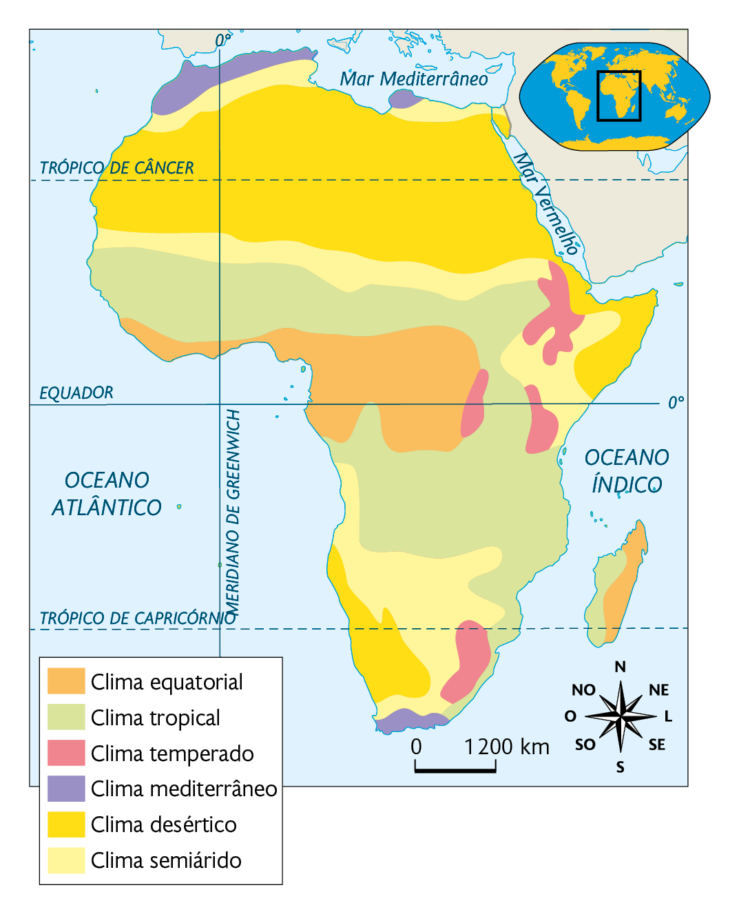 Mapa. Climas da África. Clima equatorial: porção oeste e leste de Madagascar. Clima tropical: faixa no centro e porção centro-sul e oeste de Madagascar. Clima temperado: áreas no nordeste e sudeste. Clima mediterrâneo: áreas na costa do extremo norte e extremo sul. Clima desértico: porção norte, nordeste e área no sudoeste. Clima semiárido: faixa no norte e no oeste, área no nordeste e porção sul. No canto superior direito, mapa de localização, planisfério destacando a região descrita. No canto inferior, a rosa dos ventos e a escala: 1200 quilômetros por centímetro.