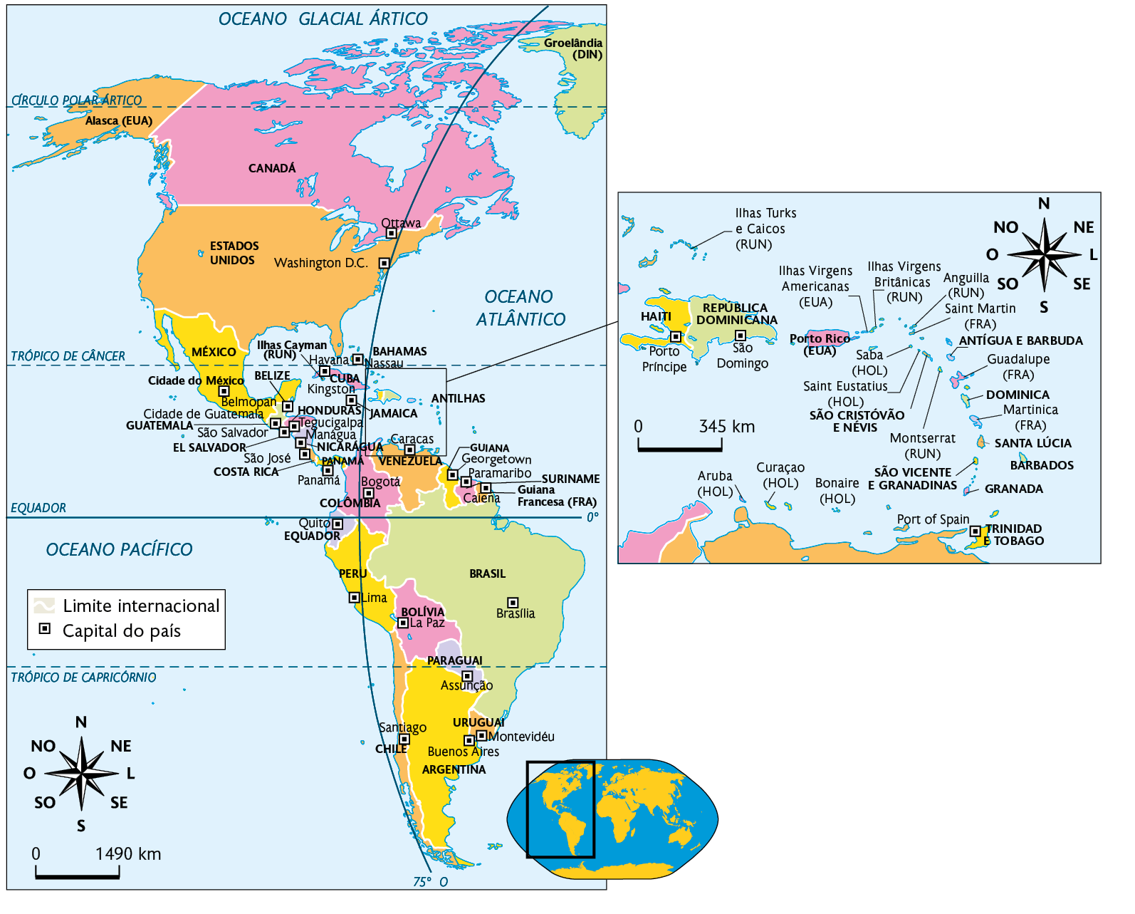 Mapa político da América. Alasca (território pertencente aos Estados Unidos), Canadá, capital: Ottawa, Estados Unidos, capital: Washington D. C., México, capital: Cidade do México, Belize, capital: Belmopan, Guatemala, capital: Cidade de Guatemala, El Salvador, capital: São Salvador, Costa Rica, capital: São José, Honduras, capital: Tegucigalpa, Nicarágua, capital: Manágua, Panamá, capital: Panamá, Cuba, capital: Havana, Ilhas Cayman (território pertencente ao Reino Unido), Bahamas, capital: Nassau, Jamaica, capital: Kingston, Guiana Francesa (território pertencente à França), capital: Caiena, Suriname, capital: Paramaribo, Guiana, capital: Georgetown, Venezuela, capital: Caracas, Colômbia, capital: Bogotá, Equador, capital: Quito, Peru, capital: Lima, Bolívia, capital: La Paz, Paraguai, capital: Assunção, Brasil, capital: Brasília, Chile, capital: Santiago, Argentina, capital: Buenos Aires, Uruguai, capital: Montevidéu. No canto inferior direito, mapa de localização, mapa de localização, planisfério destacando a região descrita. No canto inferior esquerdo, a rosa dos ventos e a escala: 1490 quilômetros por centímetro. Destaque para: Haiti, capital Porto Príncipe, República Dominicana, capital: São Domingo, Porto Rico (território pertencente aos Estados Unidos), Trinidad e Robago, capital: Porto f Spain, Ilhas Turks e Caicos (território pertencente ao Reino Unido), Ilhas Virgens Americanas (território pertencente aos Estados Unidos), Ilhas Virgens Britânicas (território pertencente ao Reino Unido), Anguilla (território pertencente ao Reino Unido), Saint Martin (território pertencente à França), Antígua e Barbuda, Saba (território pertencente à Holanda), Saint Eustatius (território pertencente à Holanda), São Cristóvão e Névis, Guadalupe (território pertencente à França), Dominica, Martinica (território pertencente à França), Santa Lúcia, Barbados, Granada, Montserrat (território pertencente ao Reino Unido), São Vicente e Granadinas, Aruba (território pertencente à Holanda), Curaçao (território pertencente à Holanda), Bonaire (território pertencente à Holanda). No canto superior direito, a rosa dos ventos e no canto inferior esquerdo, a escala: 345 quilômetros por centímetro.