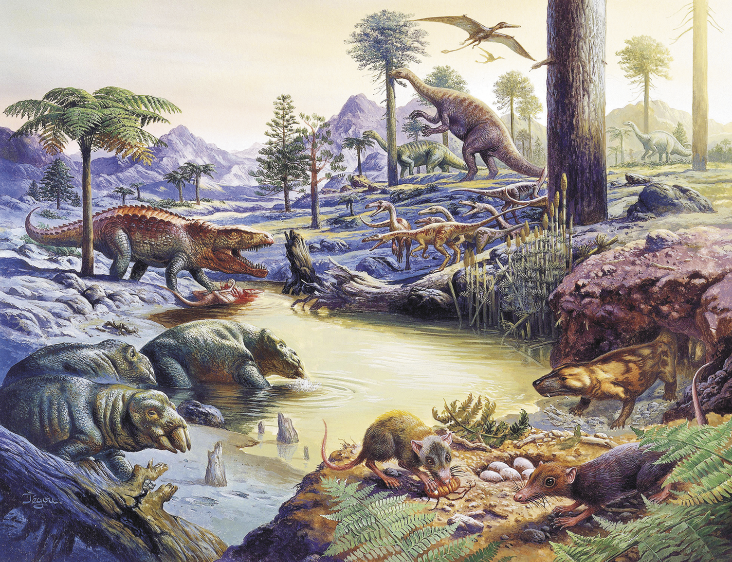 Ilustração. Dinossauros de diferentes espécies, reunidos nas margens de um rio. Alguns são altos e magros, outros são baixos e troncudos com presas grossas. Há animais semelhante a ratos próximo a um ninho com ovos e outro semelhante a um crocodilo. Ao redor há muitas árvores e ao fundo, montanhas.
