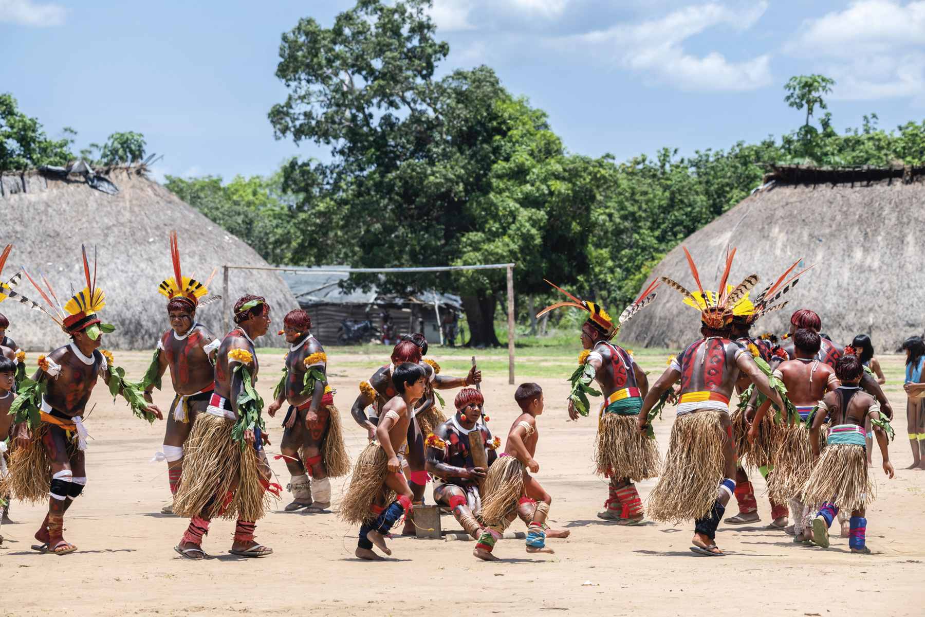 Fotografia. Indígenas caminhando em círculo, em uma área aberta sem pavimentação. Há crianças entre eles, e todos usam uma espécie de saia de palha, pinturas corporais e cocares coloridos. Ao fundo há moradias e árvores.