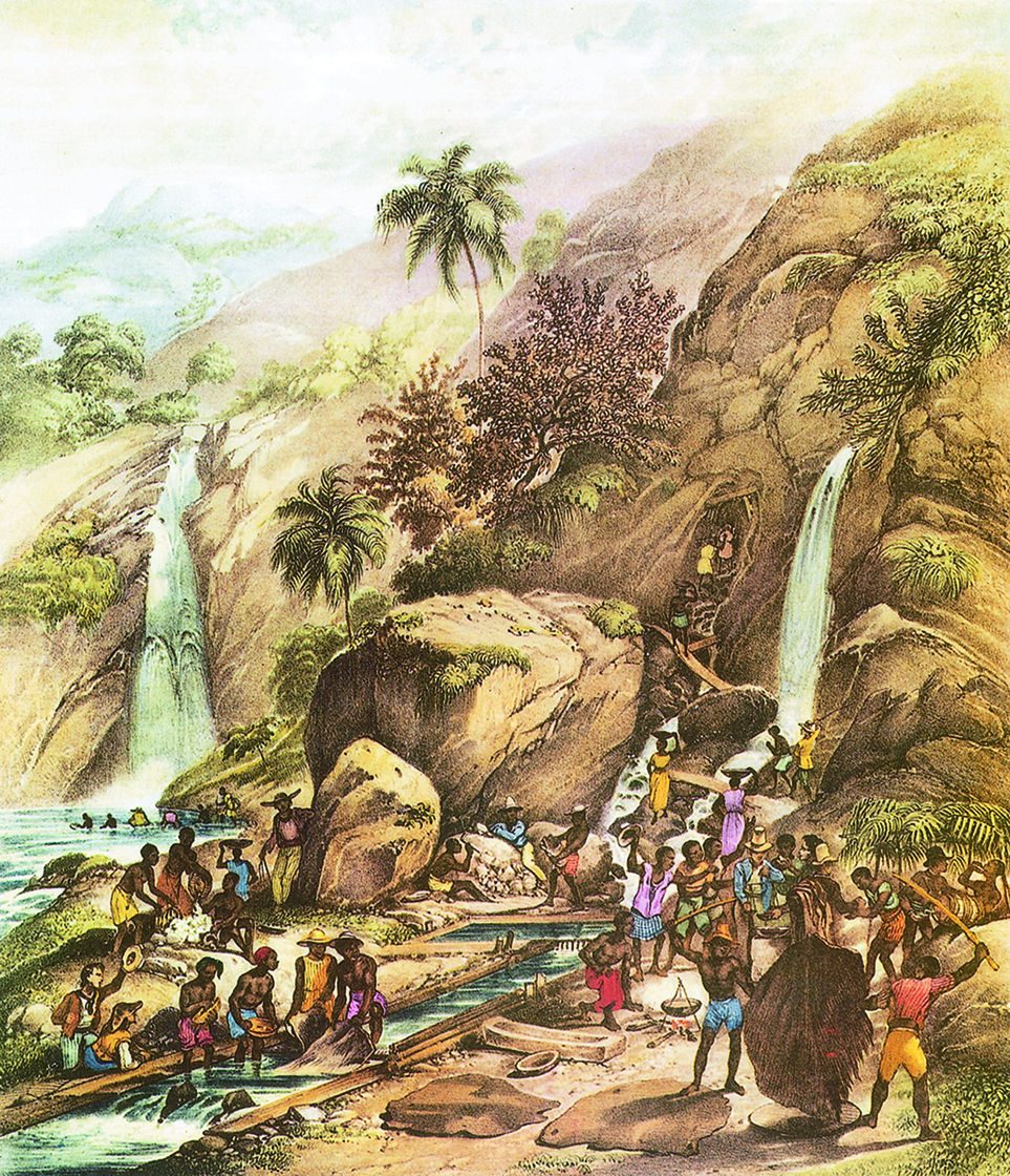 Pintura. Pessoas negras trabalhando no curso de um rio com cachoeiras. Elas realizam diferentes atividades no rio e carregando fardos sobre suas cabeças. Há um homem branco erguendo seu chapéu à esquerda. Ao fundo há um morro com árvores.