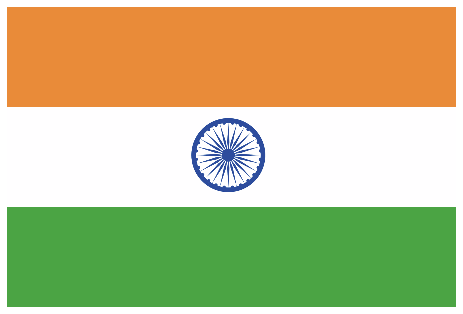 Bandeira da Índia, composta por três faixas horizontais em laranja, branco e verde com um círculo azul ao centro da faixa branca.