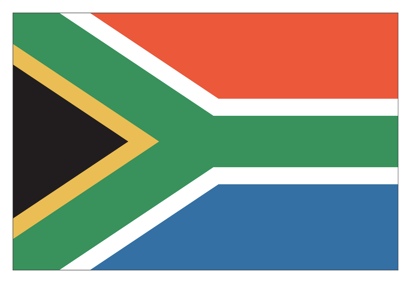 Bandeira da África do Sul, composta por um triângulo preto à esquerda, com faixas diagonais verdes ao lado dele, que se unem ao centro. A parte acima dessa faixa é vermelha e a parte abaixo dela, é azul. Há uma linha fina amarela contornando dois lados do triângulo e linhas brancas contornando a faixa verde acima e abaixo.