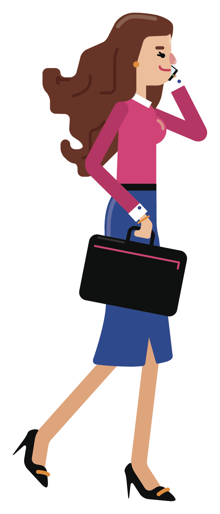 Ilustração. Uma mulher de cabelos compridos, usando camisa, saia e sapatos de salto. Ela caminha falando ao celular e carregando uma maleta.