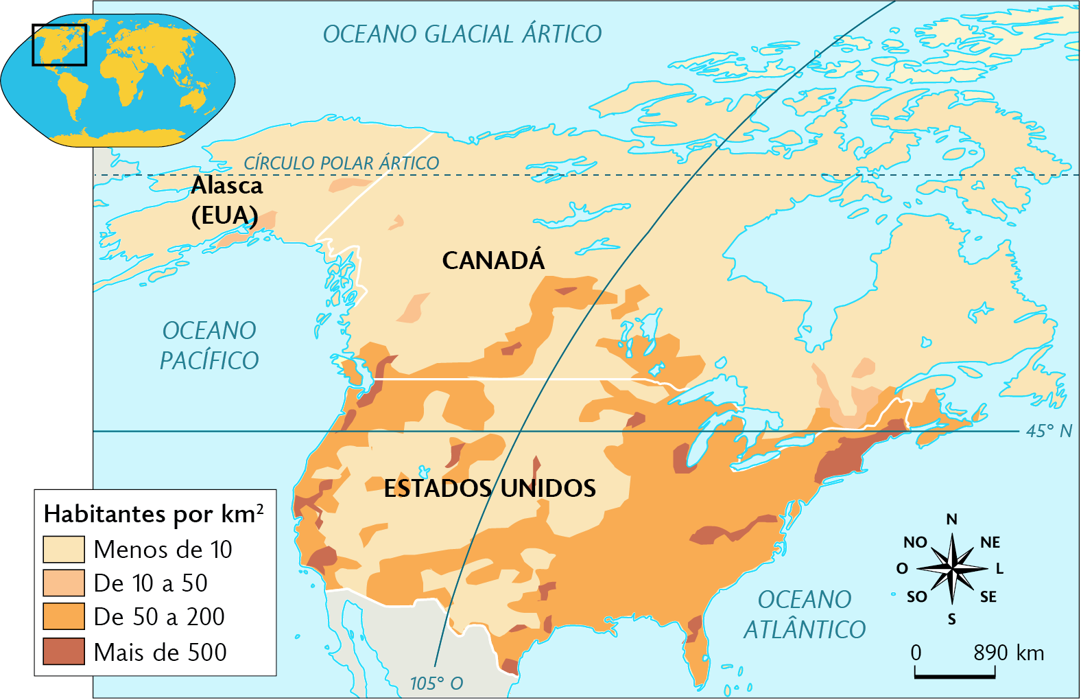 Mapa. Densidade populacional da América Anglo-Saxônica (2021). Habitantes por quilômetros quadrados. Menos de 10: quase todo Alasca (território pertencente aos Estados Unidos), grande parte do Canadá, norte, centro e sul dos Estados Unidos. De 10 a 50: leste e sul do Alasca, área no sudoeste e leste do Canadá. De 50 a 200: centro-sul e sudeste do Canadá, oeste, sul e leste dos Estados Unidos. Mais de 500: áreas dispersas no sudeste e centro do Canadá, oeste, centro e leste dos Estados Unidos. No canto superior esquerdo, mapa de localização, planisfério destacando a região descrita. No canto inferior direito, a rosa dos ventos e a escala: 890 quilômetros por centímetro.