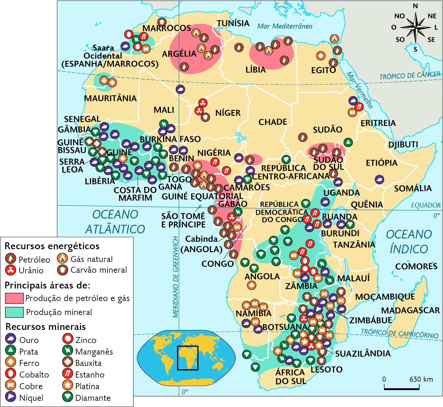 Mapa. Recursos minerais e energéticos na África (2020). Recursos energéticos. Petróleo, urânia, gás natural, carvão mineral: no norte, oeste e sul. Principais áreas de: Produção de petróleo e gás: Argélia, Líbia, e porção oeste com Nigéria, Guiné Equatorial, Gabão e Cabinda (território que pertence à Angola), Angola, Sudão e Sudão do Sul. Produção mineral: Marrocos, Saara Ocidental (território ocupado por Marrocos), Mauritânia, porção oeste com Guiné, Serra Leoa, Costa do Marfim, Burkina Faso, Mali, Gâmbia, Guiné Bissau, Togo, e centro-sul com Uganda, República Democrática do Congo, Zâmbia, Botsuana, Suazilândia, Lesoto, Namíbia e África do Sul. Recursos minerais: Ouro, Prata, Ferro, Cobre, Cobalto, Níquel, Zinco, Manganês, Bauxita, Platina, Estanho, Diamante, encontrados principalmente nas áreas citadas. Na parte inferior, mapa de localização, planisfério destacando a região descrita. No canto superior direito, a rosa dos ventos e na parte inferior, a escala:  630 quilômetros por centímetro.
