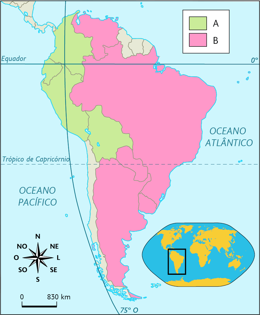 Mapa. Blocos econômicos da América do Sul. Letra A, em verde: quatro países na costa noroeste da América do Sul. Letra B, em rosa: cinco países no norte, leste e sul da América do Sul. No canto inferior direito, mapa de localização, planisfério destacando a região descrita. No canto inferior esquerdo, a rosa dos ventos e a escala: 830 quilômetros por centímetro.