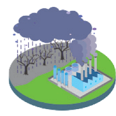 Ilustração. Indústria com torres expelindo fumaça. Ao lado, chuva caindo sobre uma floresta seca.