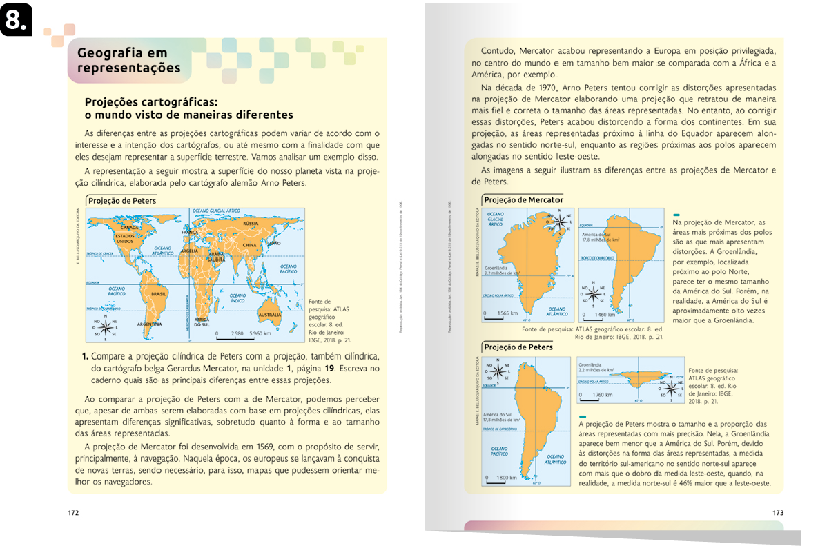 Página de referência 8 da seção Geografia em representações com mapas, texto e questões.