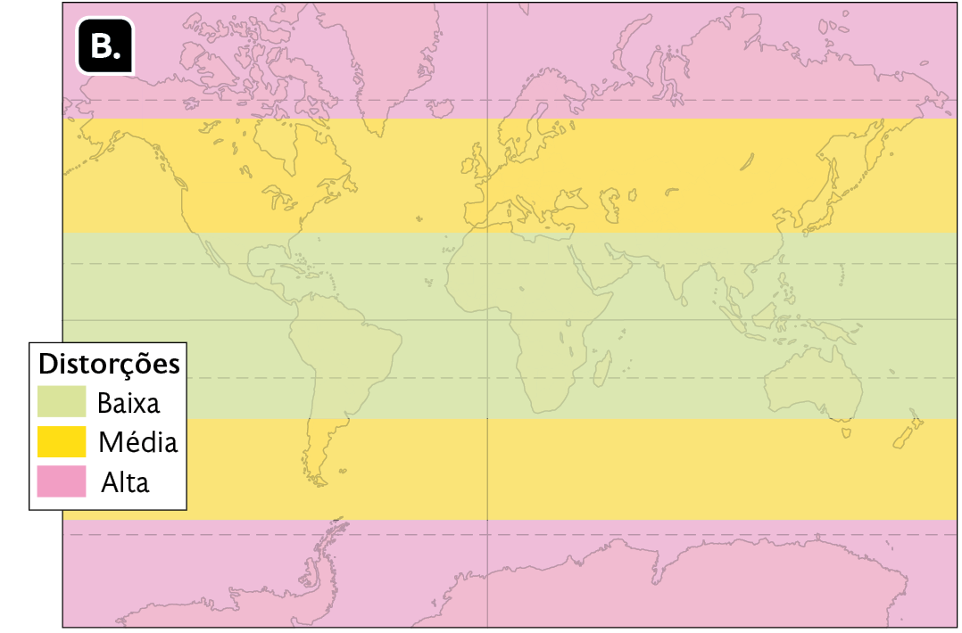 Mapa. B. Planisfério com a indicação: Distorções. 
Baixa: na porção central do globo. 
Média: faixa acima e abaixo da porção central, e; 
Alta: faixas no norte e no sul do mapa.