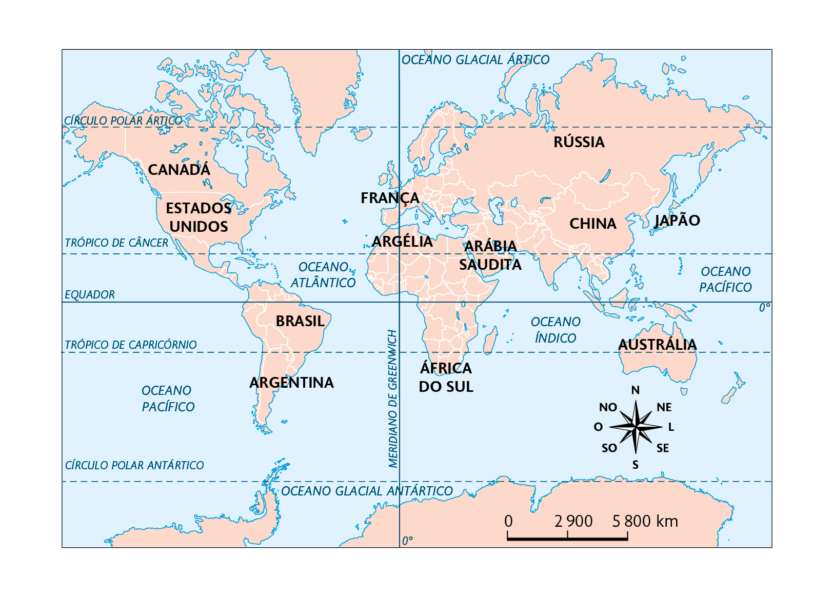 Mapa. Projeção de Mercator. 
Planisfério com os seguintes países demarcados: Canadá, Estados Unidos, Brasil, Argentina, França, Argélia, África do Sul, Arábia Saudita, Rússia, China, Japão e Austrália. No canto inferior direito, a rosa dos ventos e a escala: 2900 quilômetros por centímetro.