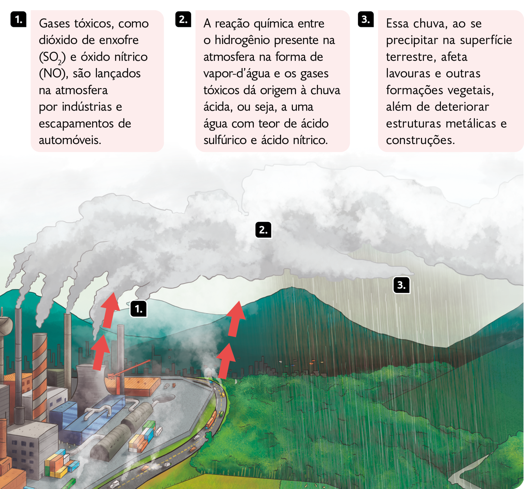 Esquema. Caixa de texto 1:  Gases tóxicos, como dióxido de enxofre (SO2) e óxido nítrico (NO), são lançados na atmosfera por indústrias e escapamentos de automóveis. Caixa de texto 2: A reação química entre o hidrogênio presente na atmosfera na forma de vapor-d’água e os gases tóxicos dá origem à chuva ácida, ou seja, a uma água com teor de ácido sulfúrico e ácido nítrico. Caixa de texto 3: Essa chuva, ao se precipitar na superfície terrestre, afeta lavouras e outras formações vegetais, além de deteriorar estruturas metálicas e construções. Indicações com números. À esquerda, indústria com chaminés em formato de torres expelindo fumaça, indicada com o número 1, ao lado há uma avenida com carros, de ambos partem setas para cima, onde há nuvens no céu, com o número 2, à esquerda, chuva caindo sobre uma floresta entre morros, com o número 3. Ao fundo há uma cidade.