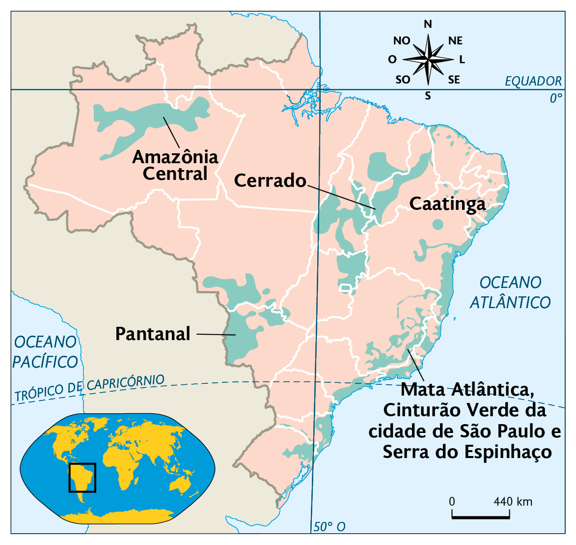 Mapa. Reservas da biosfera no Brasil (2020). 
Amazônia Central, no centro do Amazonas, Cerrado, em áreas dispersas entre Tocantins, Maranhão, Piauí e Goiás. Caatinga, área na região costeira do nordeste; Pantanal, no Mato Grosso e Mato Grosso do Sul; Mata Atlântica, Cinturão Verde da cidade de São Paulo e Serra do Espinhaço, área no leste da região sudeste e sul. No canto inferior esquerdo, mapa de localização, planisfério destacando a região descrita. No canto superior direito, a rosa dos ventos, na parte inferior, a escala: 440 quilômetros por centímetro.