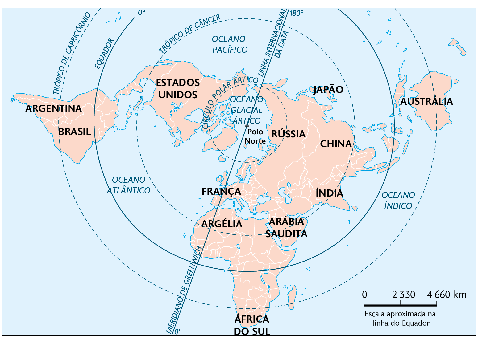 Mapa. Projeção plana de Fuller. Mostrando os continentes visto do topo, com Polo Norte no centro, Estados Unidos, Rússia, Japão e França disposto ao redor dele; Argentina e Brasil à esquerda; Argélia, África do Sul e Arábia Saudita ao sul; China, Índia e Austrália à direita. No canto inferior direito, a escala: 2330 quilômetros por centímetro.