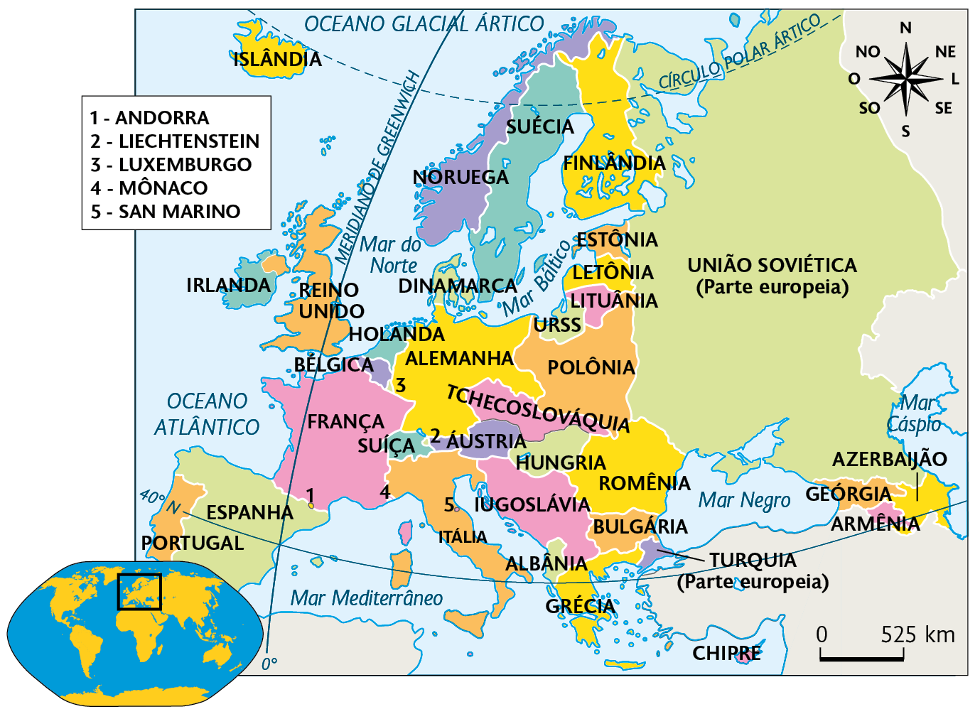 Mapa. Europa (1937). Islândia, Noruega, Suécia, Finlândia, União Soviética (parte europeia), Estônia, Letônia, Lituânia, Polônia, Tchecoslováquia, Hungria, Romênia, Bulgária, Turquia (parte europeia), Azerbaijão, Geórgia, Armênia, Chipre, Grécia, Albânia, Iugoslávia, Áustria, Liechtenstein, Alemanha, Holanda, Bélgica, França, Andorra, Mônaco, Espanha, Portugal, San Marino, Itália, Irlanda, Reino Unido e Luxemburgo. No canto inferior esquerdo, mapa de localização, planisfério destacando a região descrita. No canto superior direito, a rosa dos ventos e na parte inferior, a escala: 525 quilômetros por centímetro.