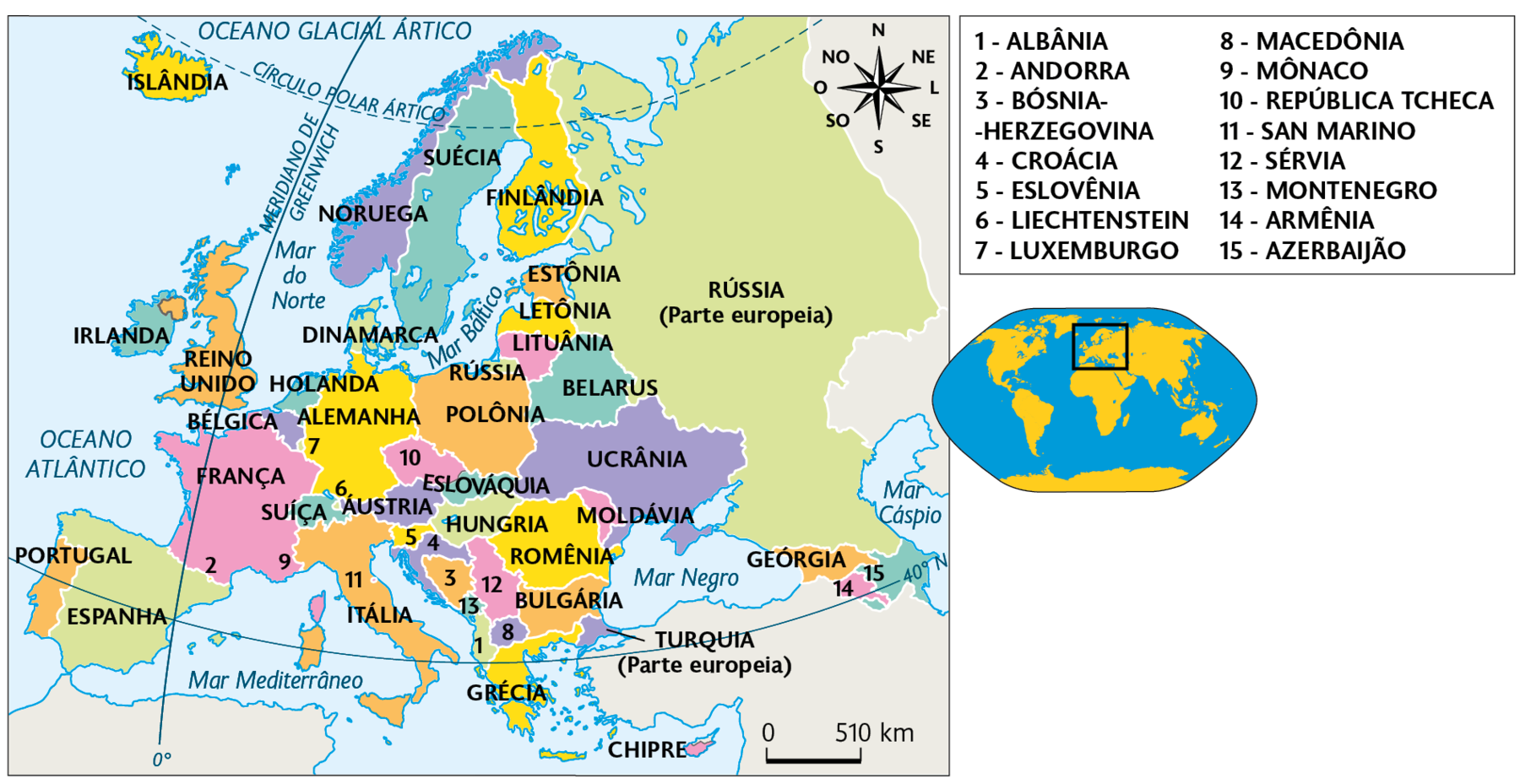 Mapa. Europa (2018). Islândia, Irlanda, Reino Unido, Portugal, Espanha, França, Andorra, Mônaco, Suíça, San Marino, Itália, Liechtenstein, Áustria, Luxemburgo, Alemanha, Bélgica, Holanda, República Tcheca, Eslováquia, Hungria, Croácia, Eslovênia, Bósnia-Herzegovina, Montenegro, Sérvia, Romênia, Macedônia, Albânia, Bulgária, Turquia (parte europeia), Moldávia, Ucrânia, Polônia, Rússia (parte europeia), Belarus, Lituânia, Letônia, Estônia, Geórgia, Armênia e Azerbaijão. À direita, mapa de localização, planisfério destacando a região descrita. No canto superior direito, a rosa dos ventos e na parte inferior, a escala:  510 quilômetros por centímetro.