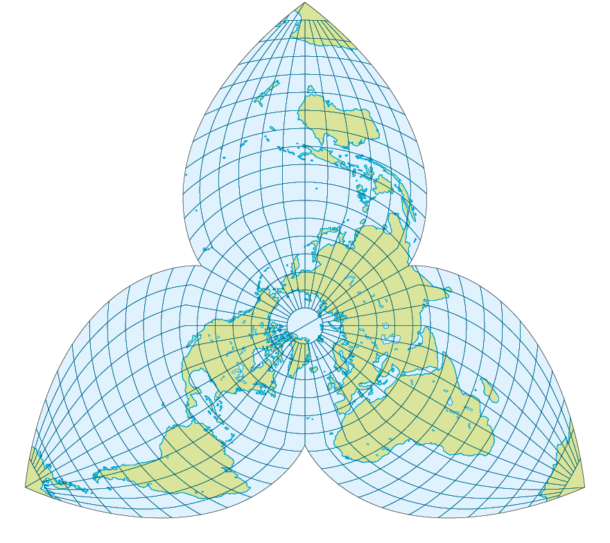 Mapa. Projeção Homóloga Interrompida de Goode. 
Mostrando os continentes em um formado irregular com três estruturas distintas.