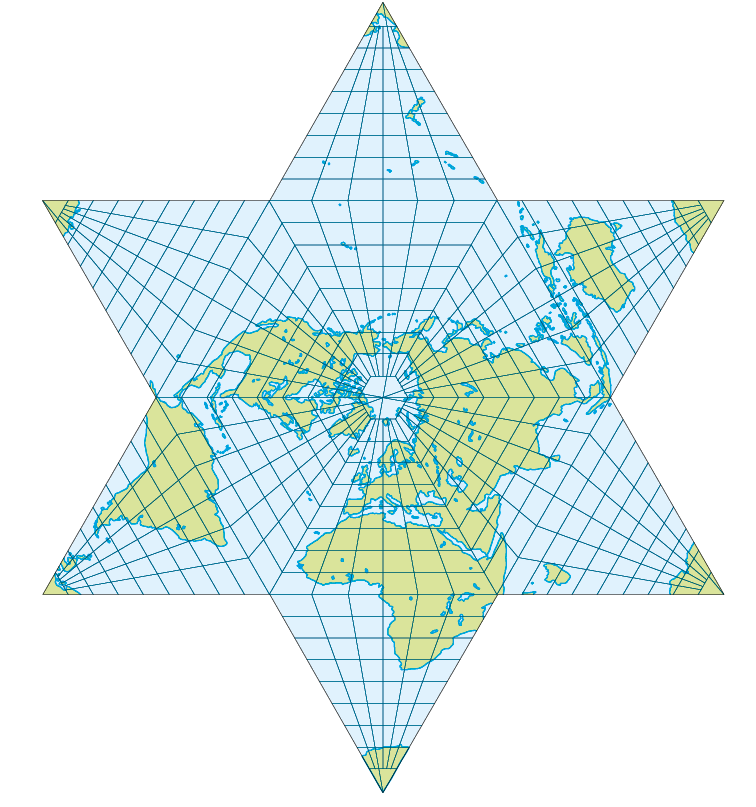 Mapa. Projeção Tetraédrica de Gregório. 
Os continentes mostrados em um formato de estrela.