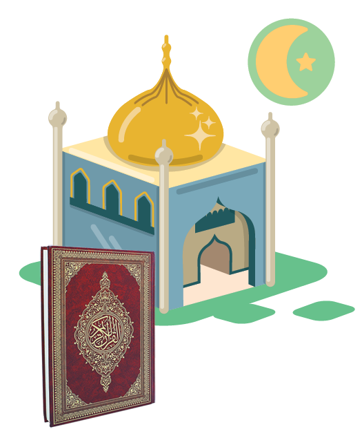 Ilustração. Uma construção com uma cúpula dourada ao centro, ao lado, o Alcorão com capa vermelha e arabescos. Acima, uma lua e uma estrela no interior de um círculo.