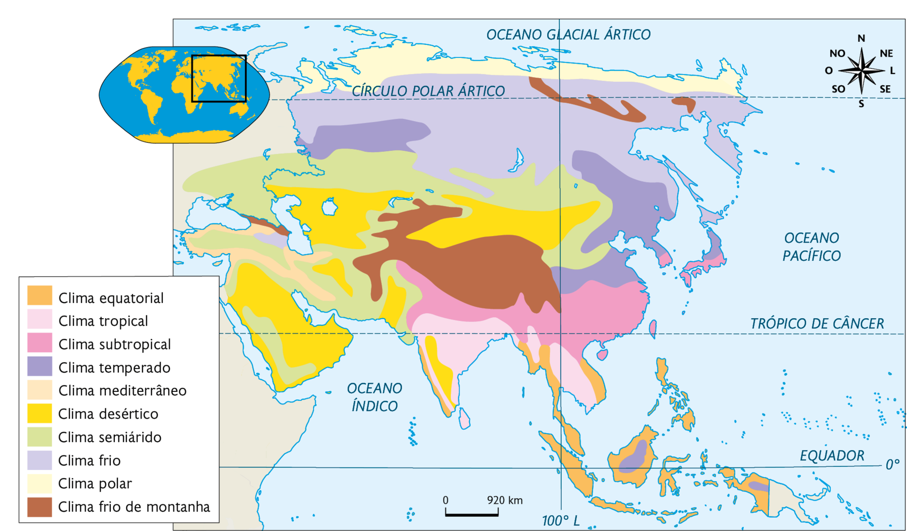 Mapa. Clima da Ásia. Clima equatorial: áreas ao sul e região costeira das ilhas. Clima tropical: área ao sul. Clima subtropical: área no sudeste. Clima temperado: áreas no leste e noroeste e interior das ilhas ao sul. Clima mediterrâneo: áreas no sudoeste. Clima desértico: sudoeste e porção central. Clima semiárido: área central, oeste e sudoeste. Clima frio: porção norte. Clima polar: extremo norte. Clima frio de montanha: porção central. No canto superior esquerdo, mapa de localização, planisfério destacando a região descrita. No canto superior direito, a rosa dos ventos e na parte inferior, a escala: 920 quilômetros por centímetro.