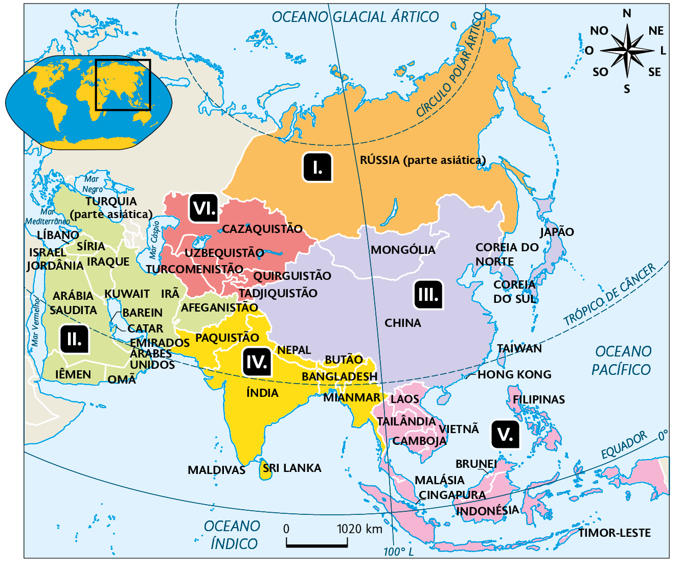 Mapa. Divisão regional da Ásia. Indicações com números: Número 1: Rússia (parte asiática). Número 2: Turquia (parte asiática). Líbano, Síria, Israel, Jordânia, Síria, Iraque, Arábia Saudita, Iêmen, Kuwait, Barein, Catar, Emirados Árabes Unidos, Omã, Irã e Afeganistão. Número 3: Mongólia, China, Hong Kong, Coreia do Norte, Coreia do Sul, Japão e Taiwan. Número 4: Paquistão, Índia, Nepal, Butão, Bangladesh, Mianmar e Sri Lanka. Número 5: Laos, Vietnã, Tailândia, Camboja, Malásia, Cingapura, Brunei, Indonésia, Filipinas e Timor-Leste. Número 6: Cazaquistão, Uzbequistão, Turcomenistão, Quirguistão e Tadjiquistão. No canto superior esquerdo, mapa de localização, planisfério destacando a região descrita. No canto superior direito, a rosa dos ventos e na parte inferior, a escala: 1020 quilômetros por centímetro.