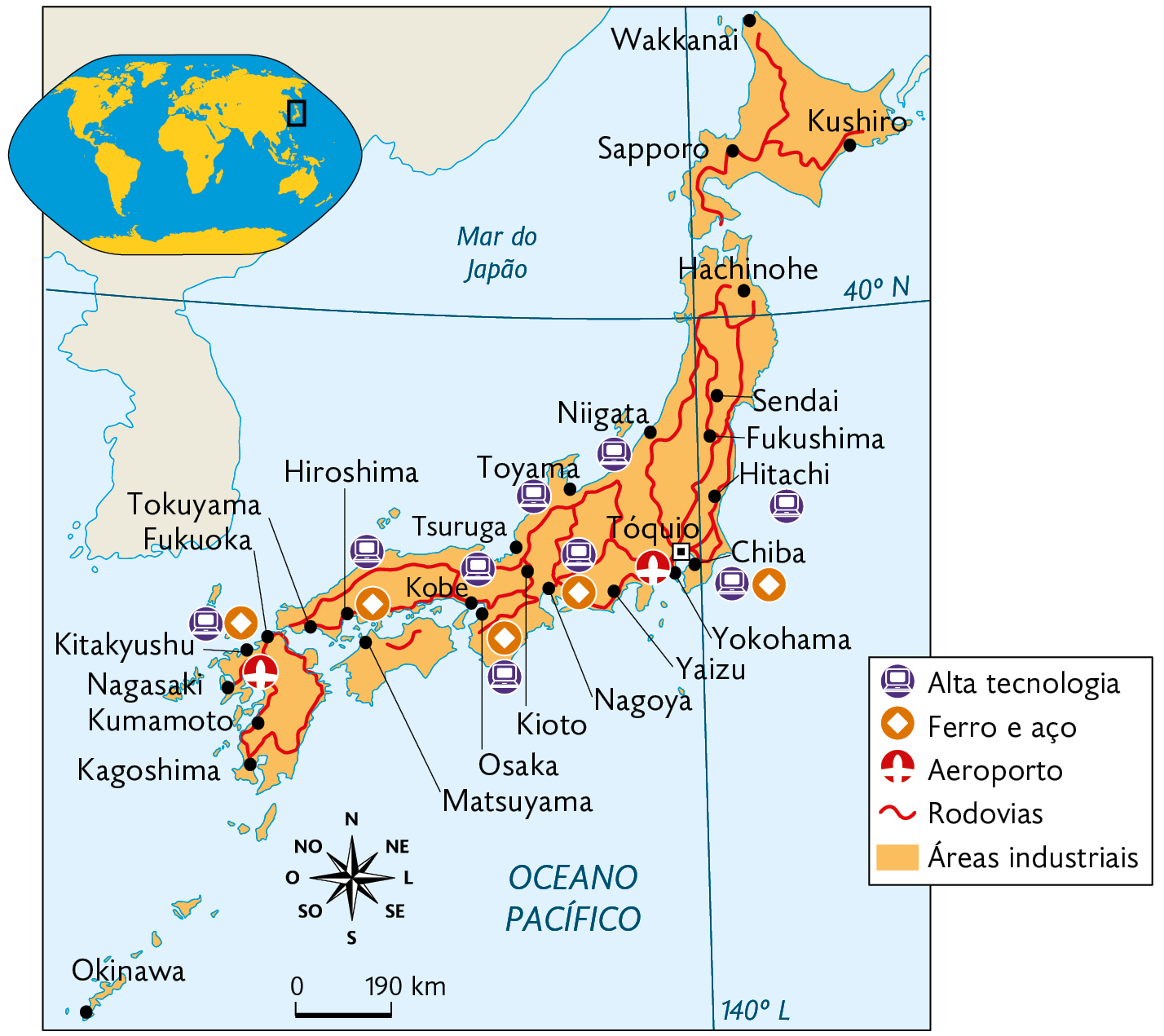 Mapa. Indústrias e recursos minerais no Japão (2021). Áreas industriais ocupam todo o território, com as cidades: Wakkanai, Kushiro, Sapporo, Hachinohe, Sendai, Fukushima, Hitachi, Niigata, Toyama, Tóquio, Chiba, Tsuruga, Kioto, Nagoya, Yokohama, Kobe, Osaka, Matsuyama, Hiroshima, Tokuyama, Fukuoka, Kitakyushu, Nagasaki, Kumamoto, Kagoshima, Okinawa, com Alta tecnologia. Ferro e aço e Aeroportos espalhados pelo território e Rodovias por toda área. No canto superior esquerdo, mapa de localização, planisfério, destacando a região descrita. Na parte inferior, a rosa dos ventos e a escala: 190 quilômetros por centímetro.