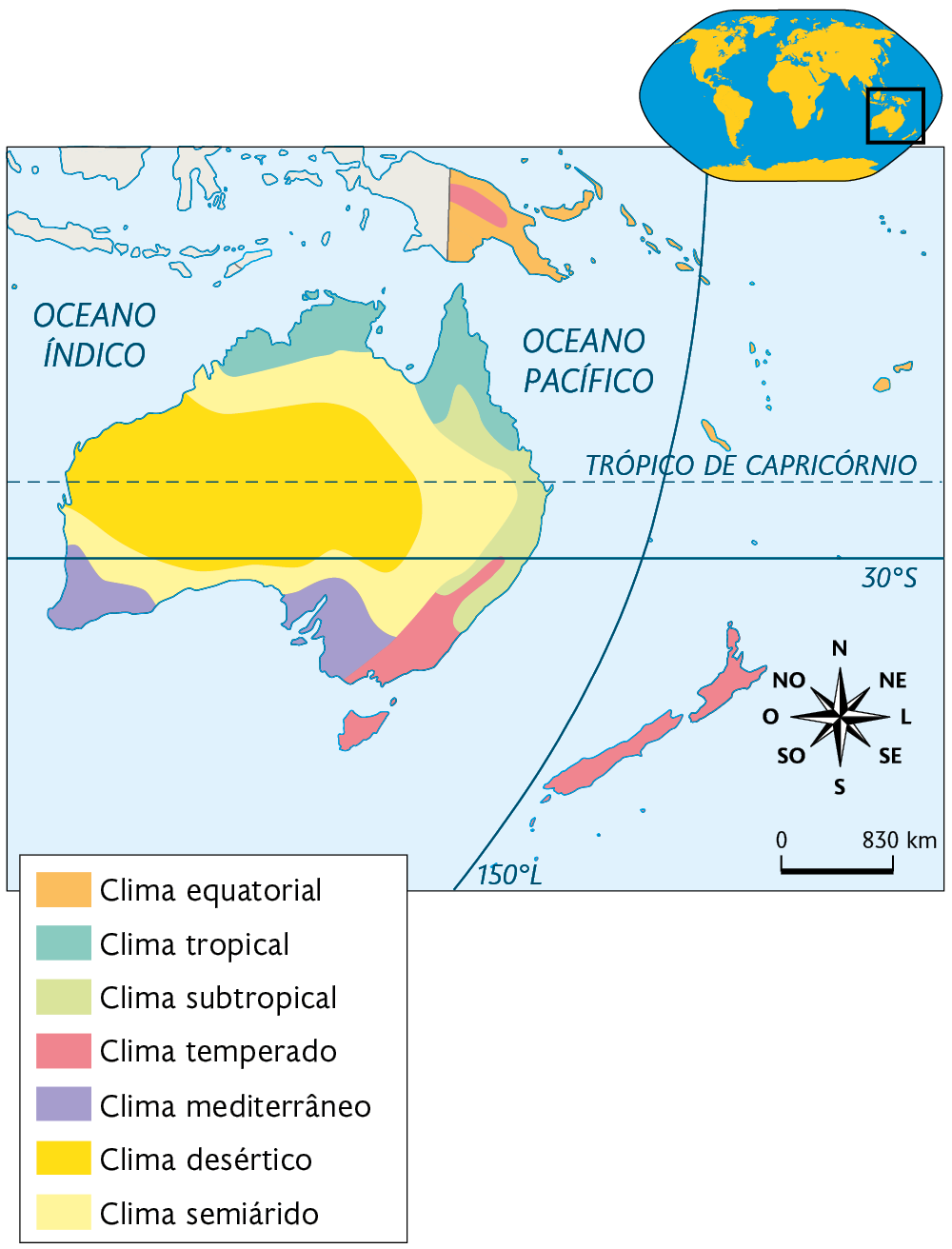Mapa. Clima da Oceania. Clima equatorial: Papua Nova Guiné. Clima tropical: norte da Austrália. Clima subtropical: costa nordeste da Austrália. Clima temperado: porção sudeste da Austrália e Nova Zelândia. Clima mediterrâneo: áreas no sudoeste e sudeste da Austrália. Clima desértico: área centro-oeste da Austrália. Clima semiárido: faixa ao norte, leste e sul da Austrália. No canto superior direito, planisfério destacando a região descrita. No canto inferior direito, a rosa dos ventos e a escala: 830 quilômetros por centímetro.